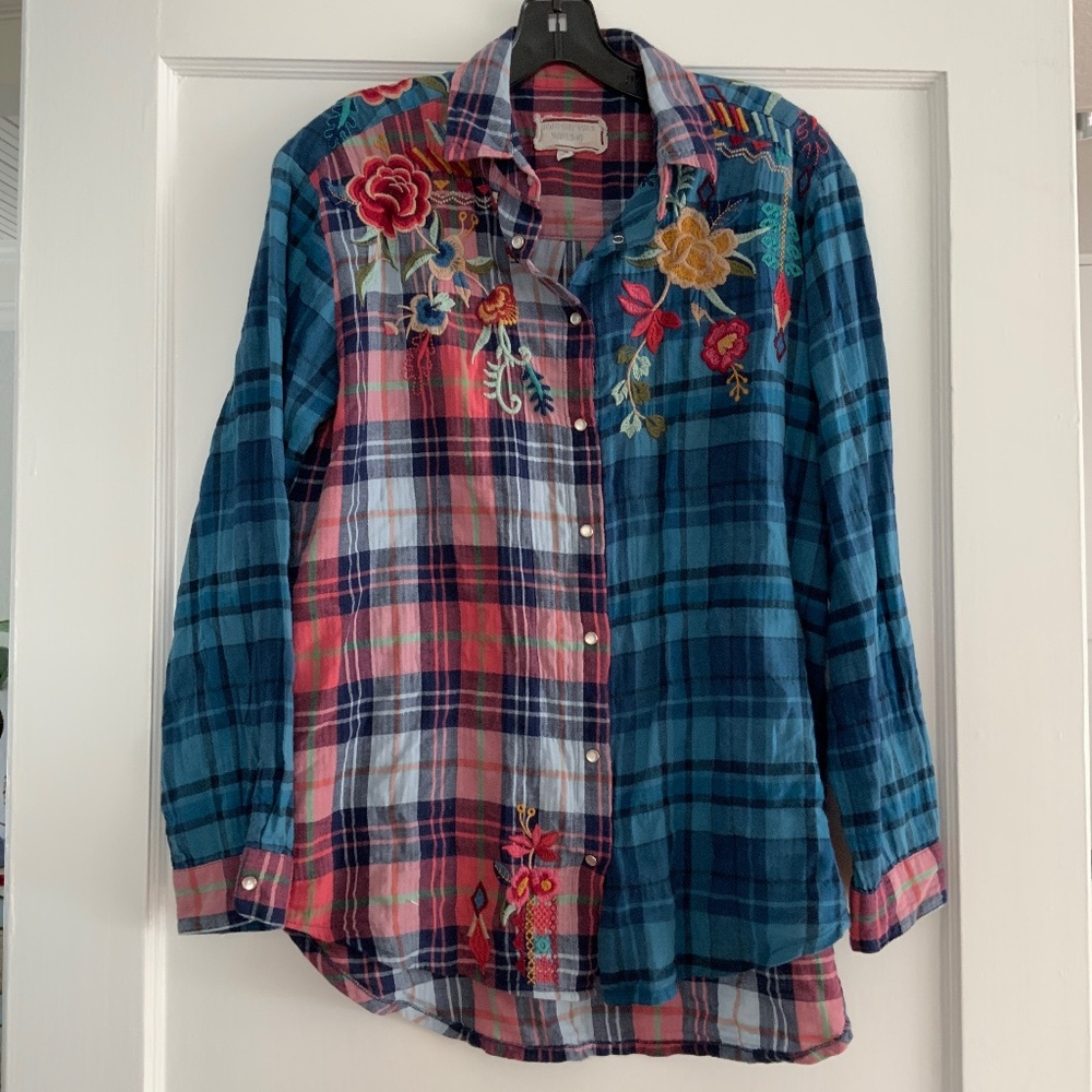 JOHNNY WAS WORKSHOP EMBROIDERED COTTON PLAID SHIRT XS